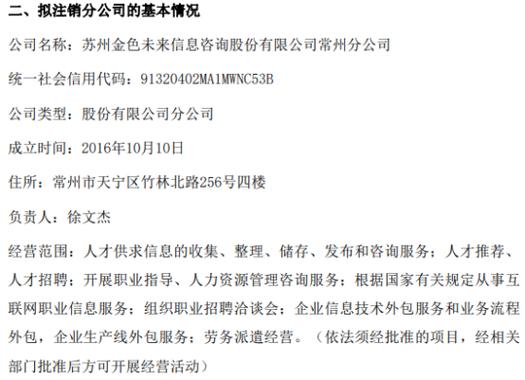 金色未来拟注销苏州金色未来信息咨询股份常州分公司